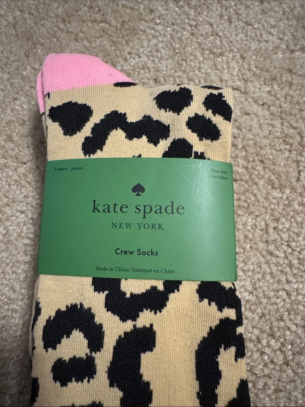 kate spade tan, black & pink leopard crew socks